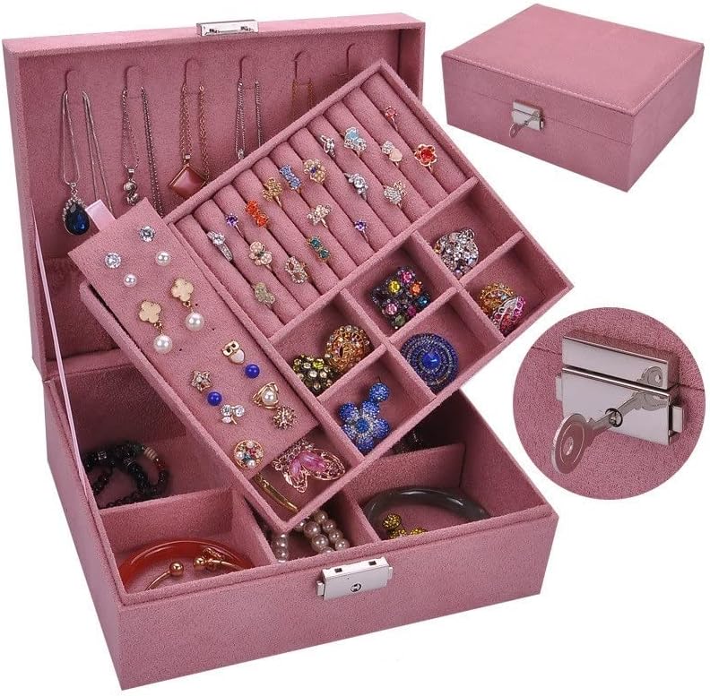 Jewelry Box Organizer Retro New Velvet Cosmetic Bag Creative Simple Double-Layer Jewelry Box Multi-Function Jewelry Box Storage Box 9.05 Inches Jewelry Organizer Small(Purple) (Red M) (P