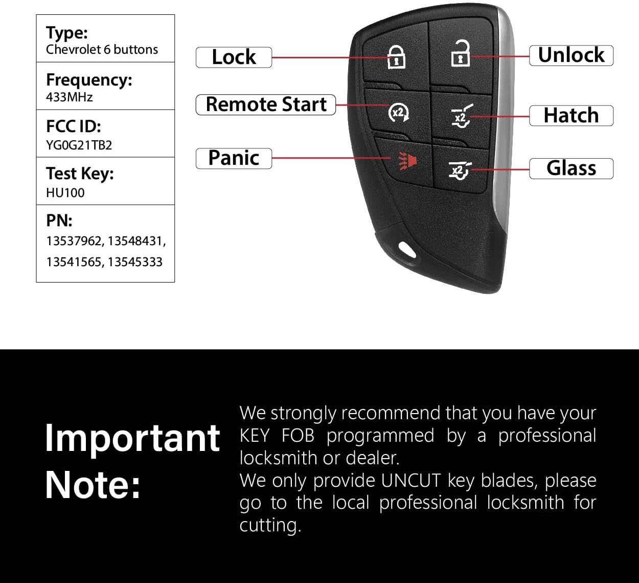 Replacement for 2020-2025 Chevrolet Suburban Tahoe Key Fob Remote Control YG0G21TB2 6 Buttons 433MHz