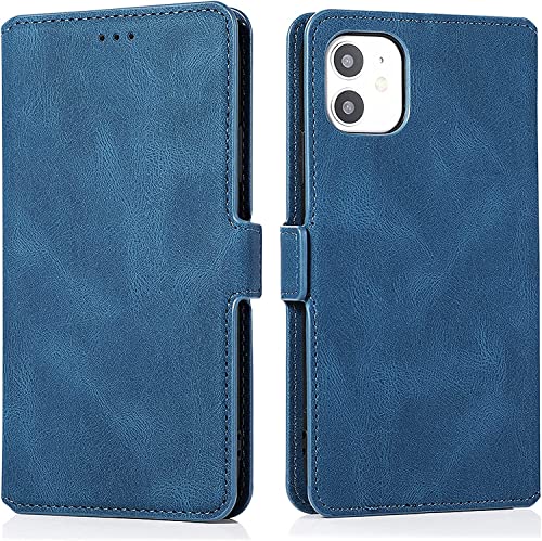 Étui portefeuille iPhone 13 Mini bleu en cuir véritable de qualité supérieure
