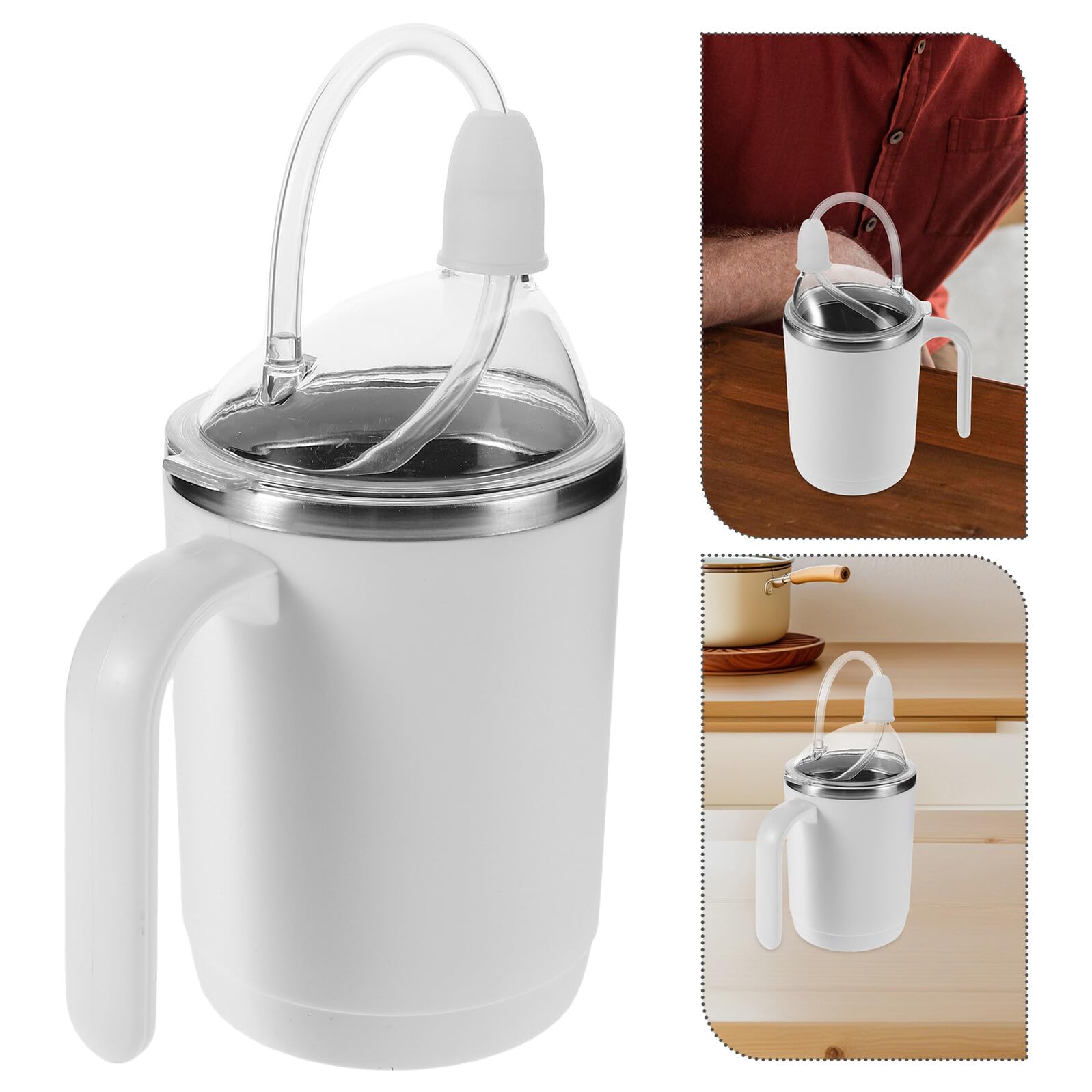 Outanaya Adaptiver Trinkbecher Senioren 450 Ml Auslaufsicher mit Strohhalm Edelstahlbecher Pflegebecher für Flüssige Nahrung Bettlägerige Ältere Menschen