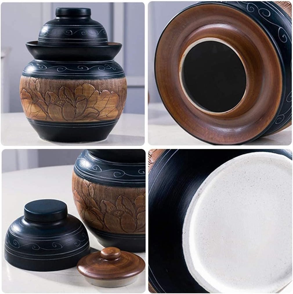 Traditional Chinese Porcelain Pickle Jar, Carved Lotus Ceramic Fermentation Crock Pickling Pot,Fermenting Jar with Water Seal Airlock Lid Stoneware Fermenter for Kim S Jar
