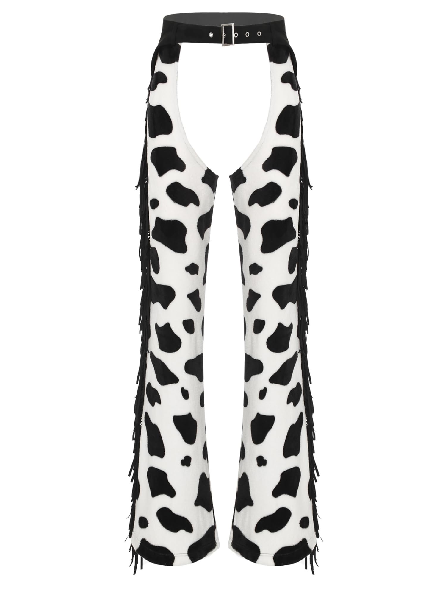 dPois Pantalones De Vaquero Para Mujer Con Chaparreras De Piel Disfraz Hippie Pantalones Largos Con Estampado De Vaca Y Borlas Para Cosplay De Halloween