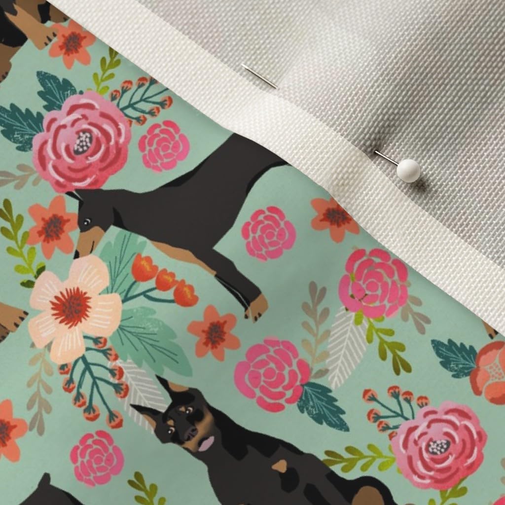 Spoonflower Fabric - Doberman Dogs Pinscher Green Floral Florals Mint Vintage Pet Portrait Printed on Upholstery Velvet Fabric Fat Quarter - Upholstery Home Decor Bottomweight Apparel