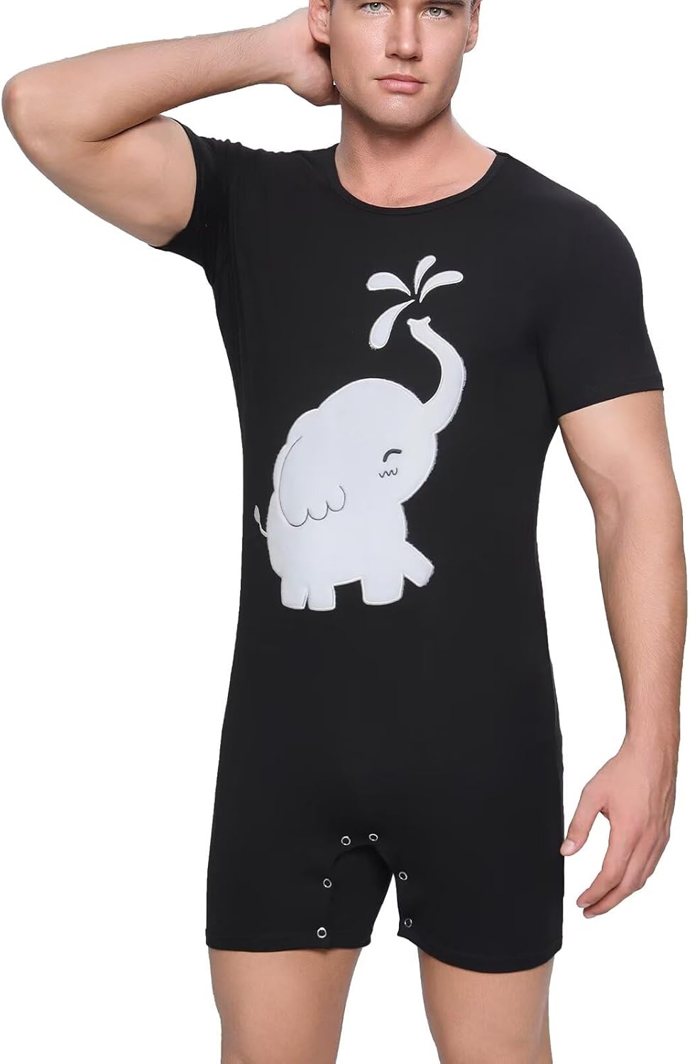 Landofgenie Mens Cotton Onesie Short Sleeve Bodysuit One Piece Pajamas Crotch Snap Shirt Elephant Embroider Romper - Image 5