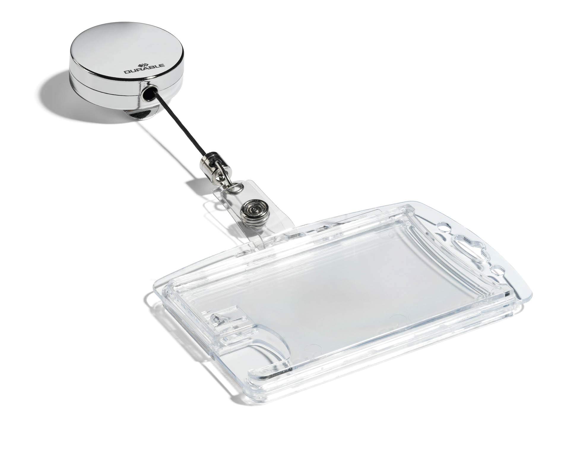 Durable - Enrouleur métal chromé - Avec lanière bouton pression - Cordon retractable 80 cm - Boîte de 10 - 822523