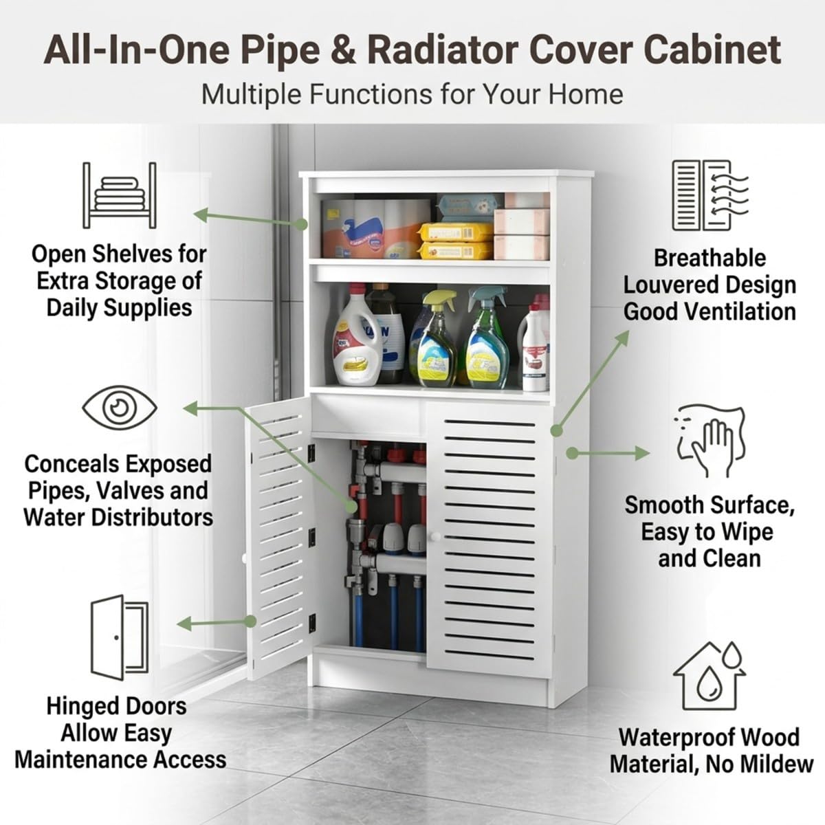 Modern Wooden Radiator Cover Cabinet with Louvered Grille and Storage Shelf