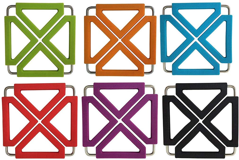 6Pcs Silicone & Stainless Steel Trivet Mat Expandable Hot Pot Holder Heat Resistant Insulated Coasters Placemat Dish Mat
