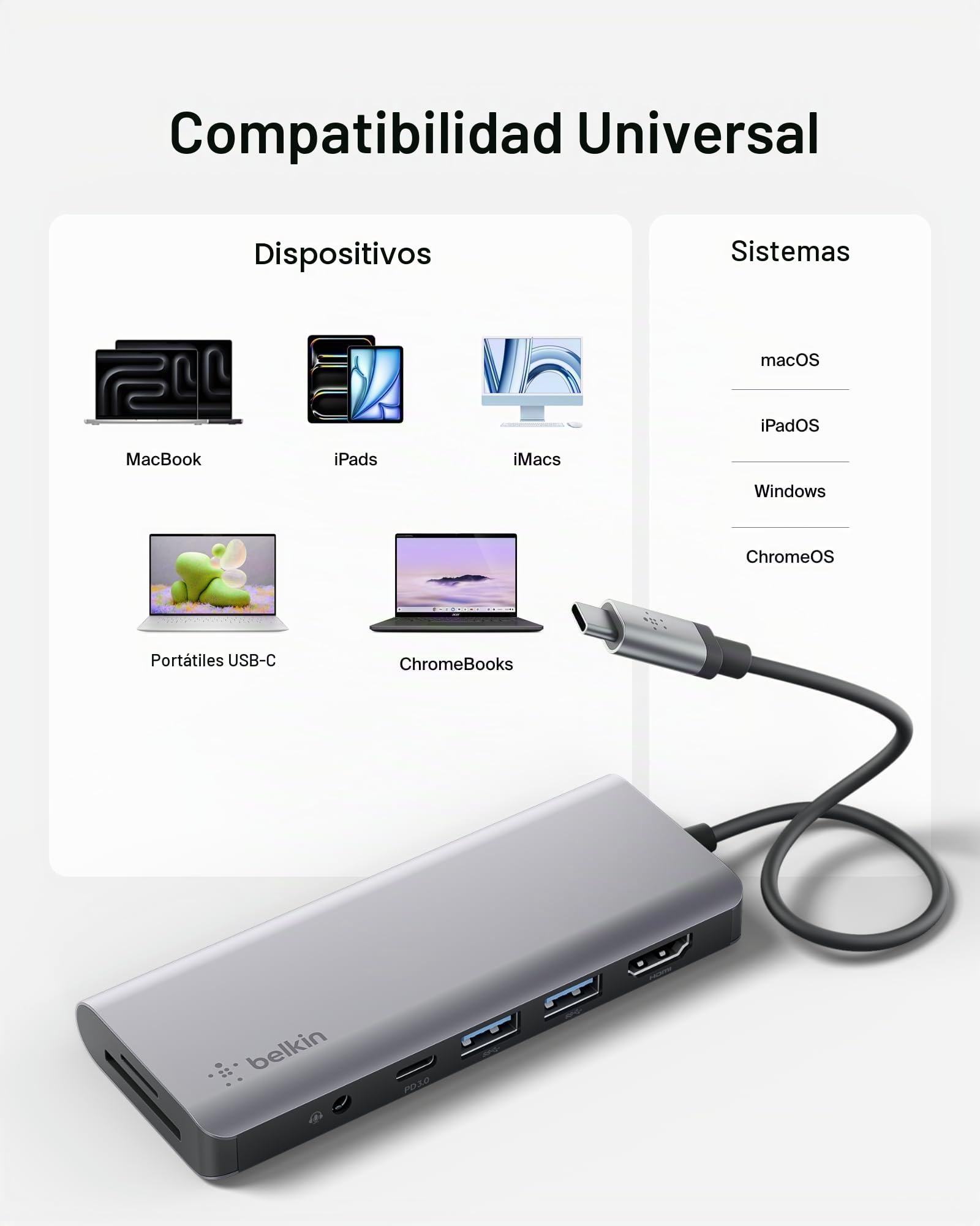 Belkin Hub USB C, 7 en 1 adaptador multipuerto con 4K HDMI, USB-C 100W PD carga pass-througn, 2 USB A, audio de 3,5 mm, ranura SD 3.0 y Micro SD 3.0 para MacBook Pro, Air, iPad Pro, XPS y más | Amplía la conectividad USB-C de laptop para MacBook, iPad Pro