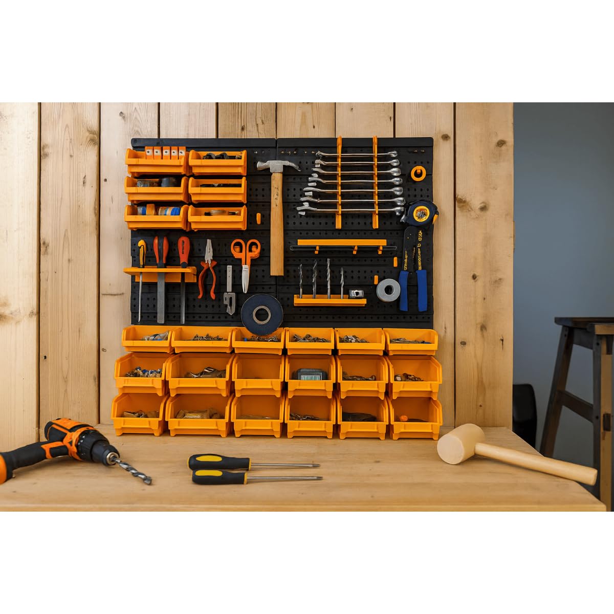 INTEC - Pannello a parete porta attrezzi completo (66 x 78 cm): 4 pannelli perforati, 27 contenitori (piccoli/grandi) e 38 ganci per un laboratorio organizzato