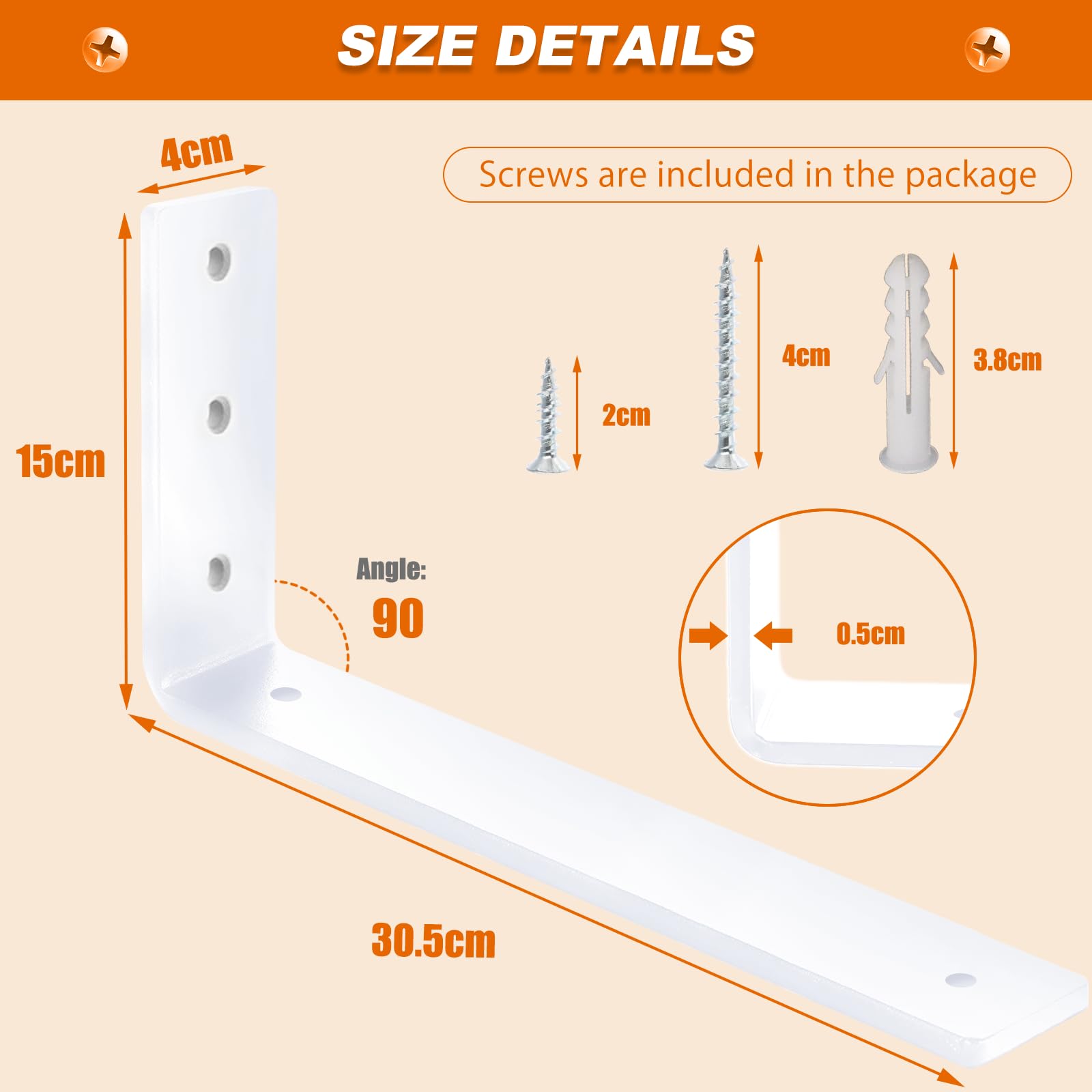 MLOQI Set di 6 supporti per scaffali in metallo, per carichi pesanti, 0,5 cm di spessore, portata massima: 50 kg (bianco 30 cm)