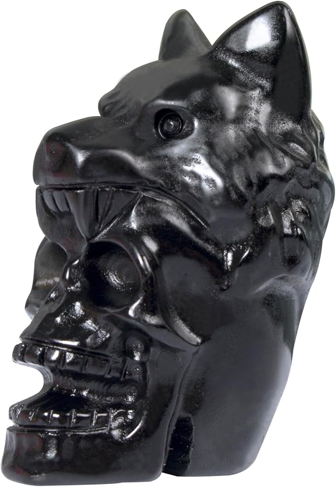2.17 Inch Crystal Skull with Wolf Head Figurine Decor, Black Obsidian Skull with Wolf Head Statue Decor for Home Office Desk, Hand Carved Healing Crystal Animal Statues Gifts for Women Men