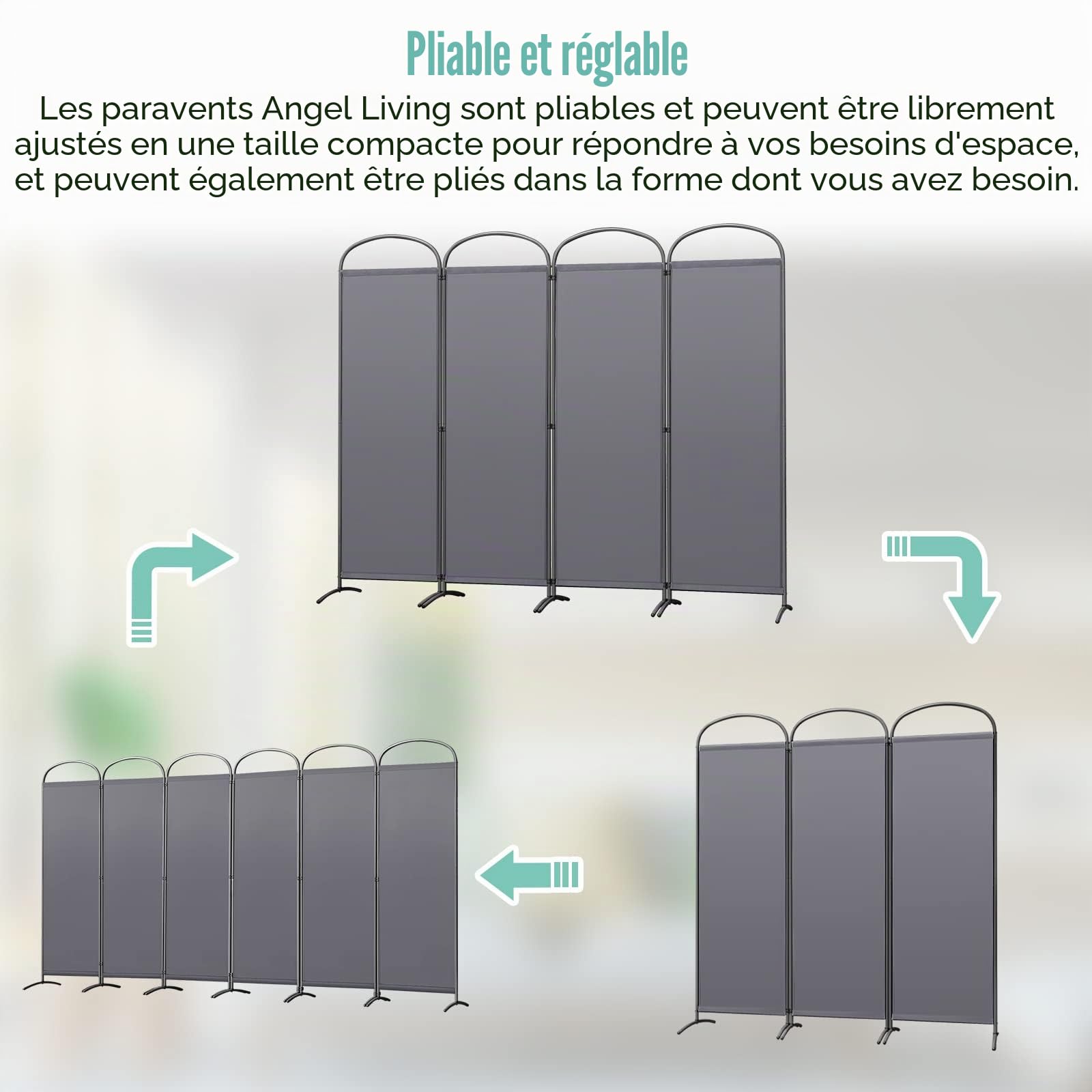 Angel Living Paravent 4 Panneaux Diviseurs de Chambre Séparateur de Panneaux Indépendant Paroi de Séparation Murale Séparation Visuelle pour Bureaux, Chambre à Coucher, 224 x 182cm (Gris)