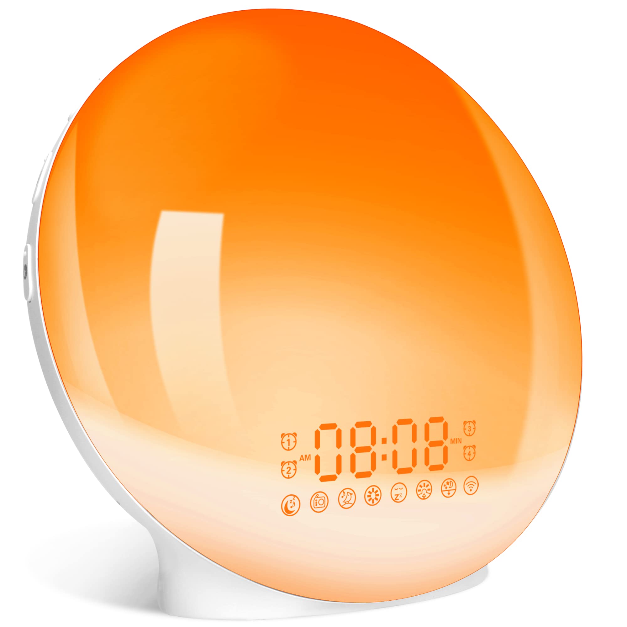 Tageslichtwecker Lichtwecker Wake up Light Sonnenaufgang Sonnenuntergang Simulation Wecker Radio 7 Naturgeräusche 2 Alarmen Snooze 11 Farblicht 20 Helligkeit Nachttischlampe Erwachsene (orange)