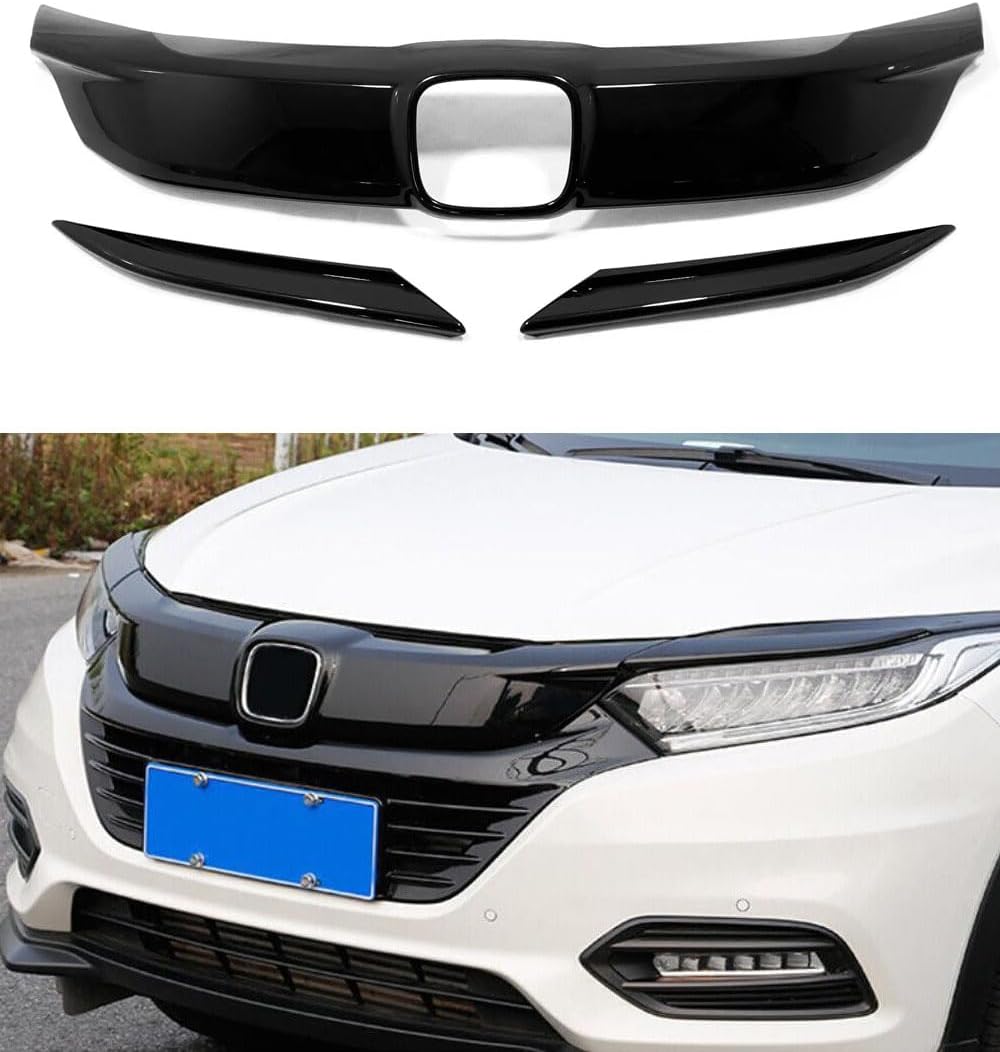 Car Accessories Fit for Honda HR-V HRV 2019-2021 ABS Exterior Front Grille Cover Moulding Trim (Glossy Black) 3PCS Set