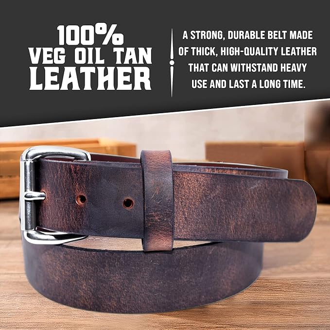 Mens Belts Leather Veg Oil Tan, Buffalo Leather Handmade By Amish, 1.25 Inch Wide & 9/10 oz Thickness3