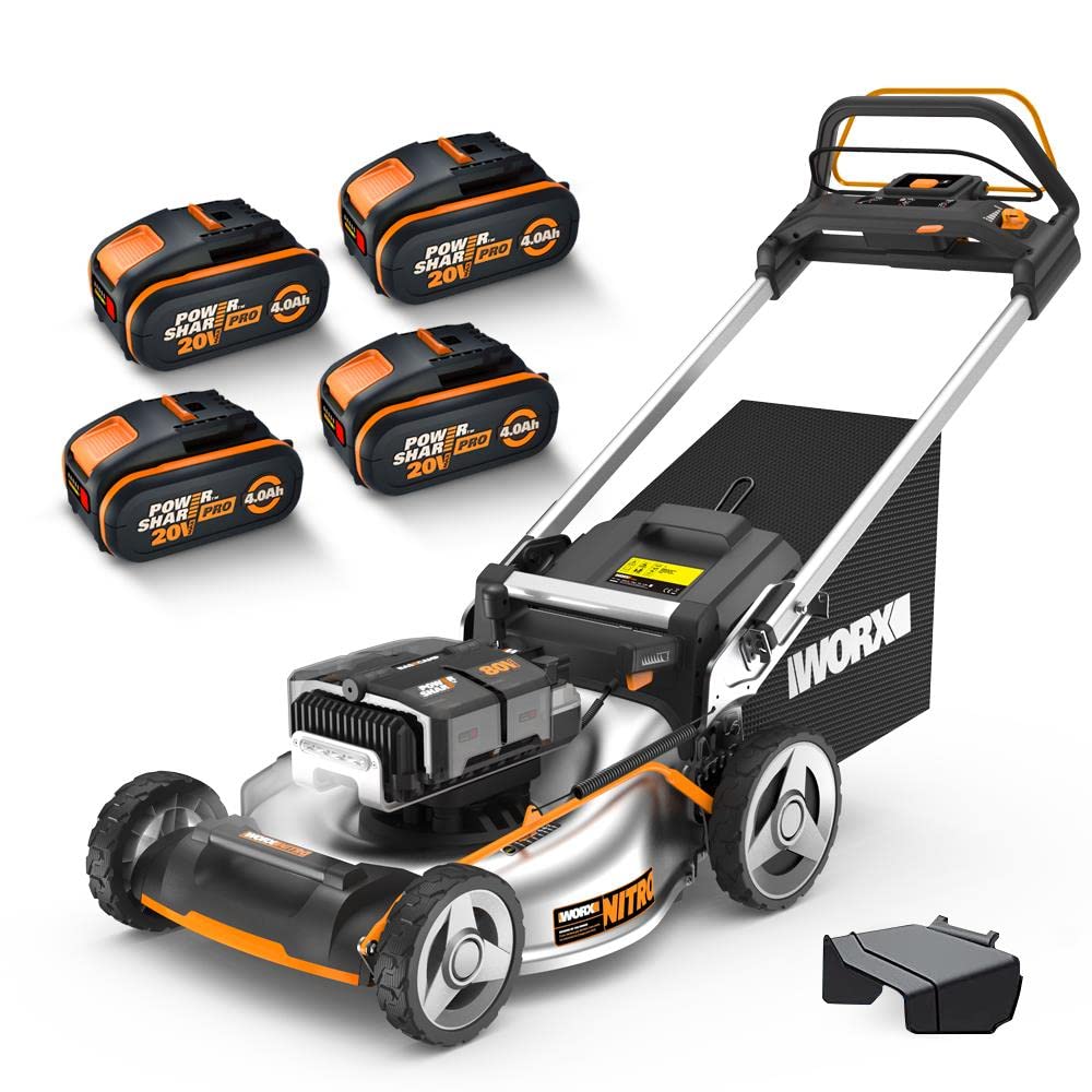 WORX WG761E Profi Akku Rasenmäher 80V, 51cm Schnittbreite | Kraftvoller Bürstenloser Motor, Radantrieb, 7 Schnitthöhen, Einhand-Schnitthöhenverstellung, inkl. 4x4Ah Akkus & Powerbank