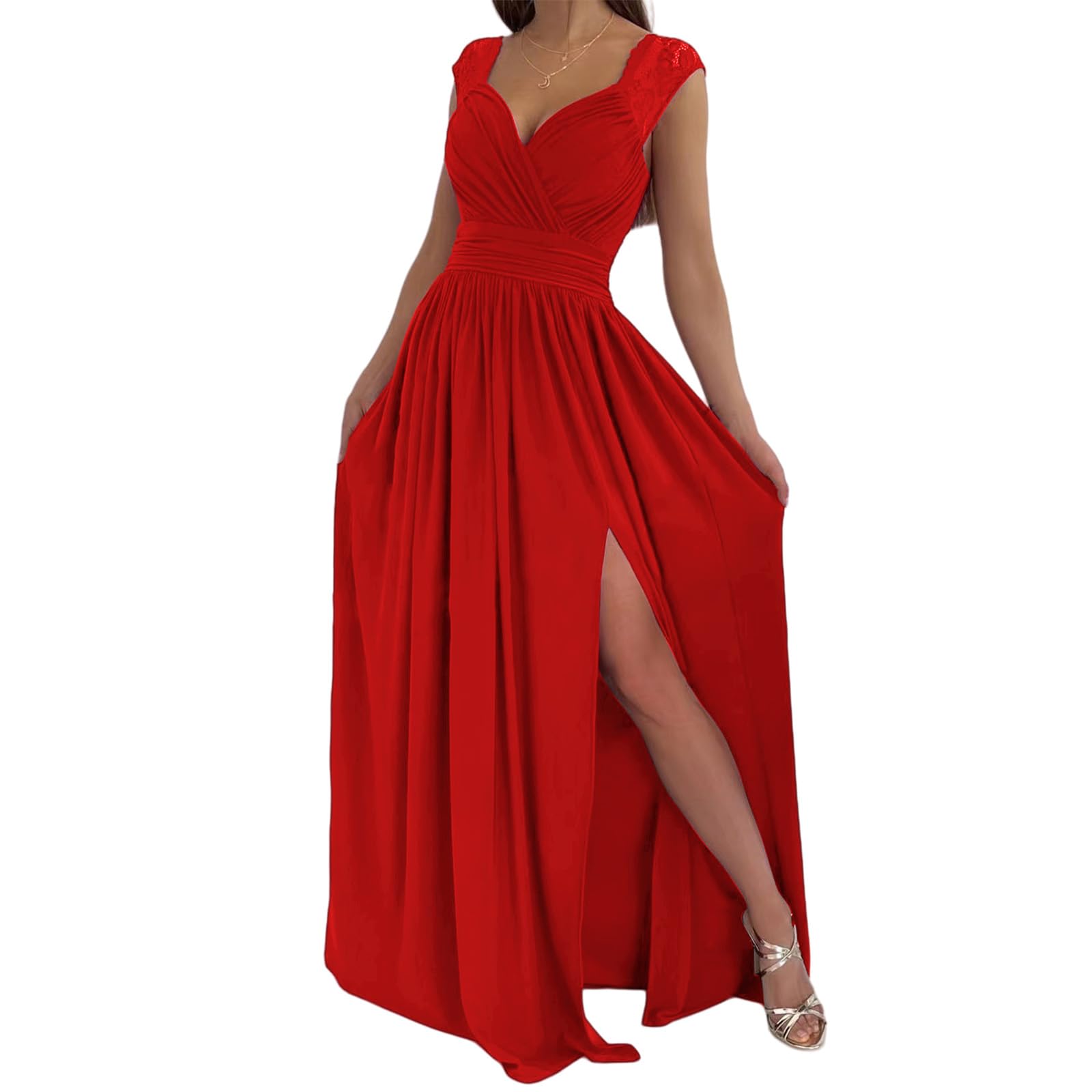 Womens Elegant Long Dresses V-Neck Wrap Ruched Slit Formal Dress Dressy Sexy Bridesmaid Wedding Guest Maxi Dress
