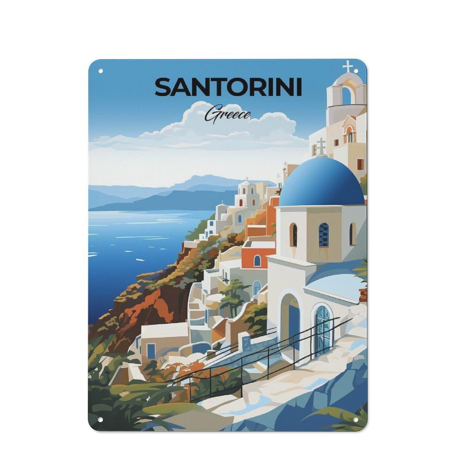 Junmoney Style-23 Santorini Greece Travel Vintage Metal Sign 40X30cm, Vintage Cafe Wall Decor For Takeaway, Bar, Kitchen Or Counter Area