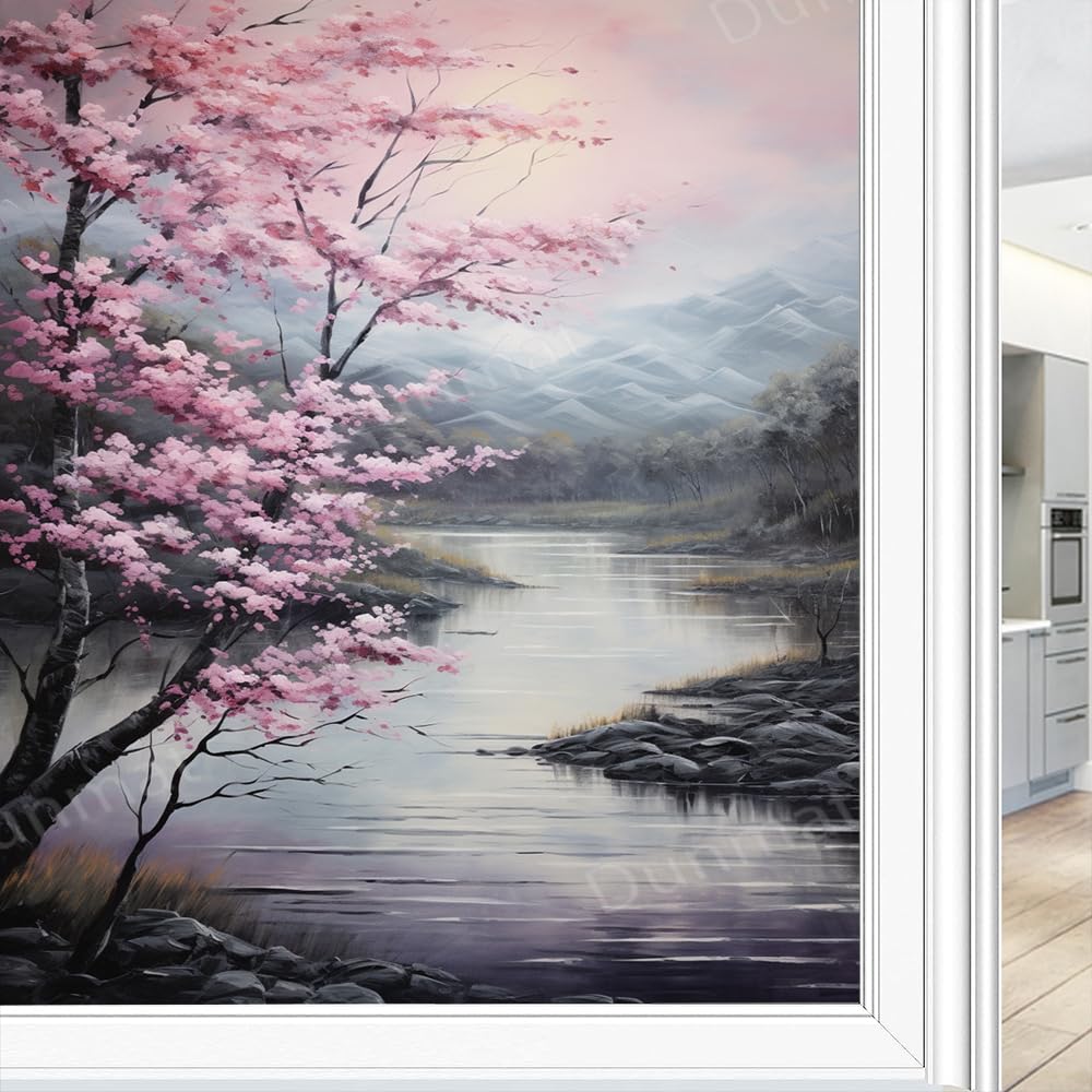 Rustikale Berg Fenster Sichtschutzfolie Tinte Landschaft Rosa Kirschblüten Buntglas Fensterfolie Sonnenblockierung Wärmeregulierung Dekorative Fensterabdeckfolie für Home Office 90 * 160cm