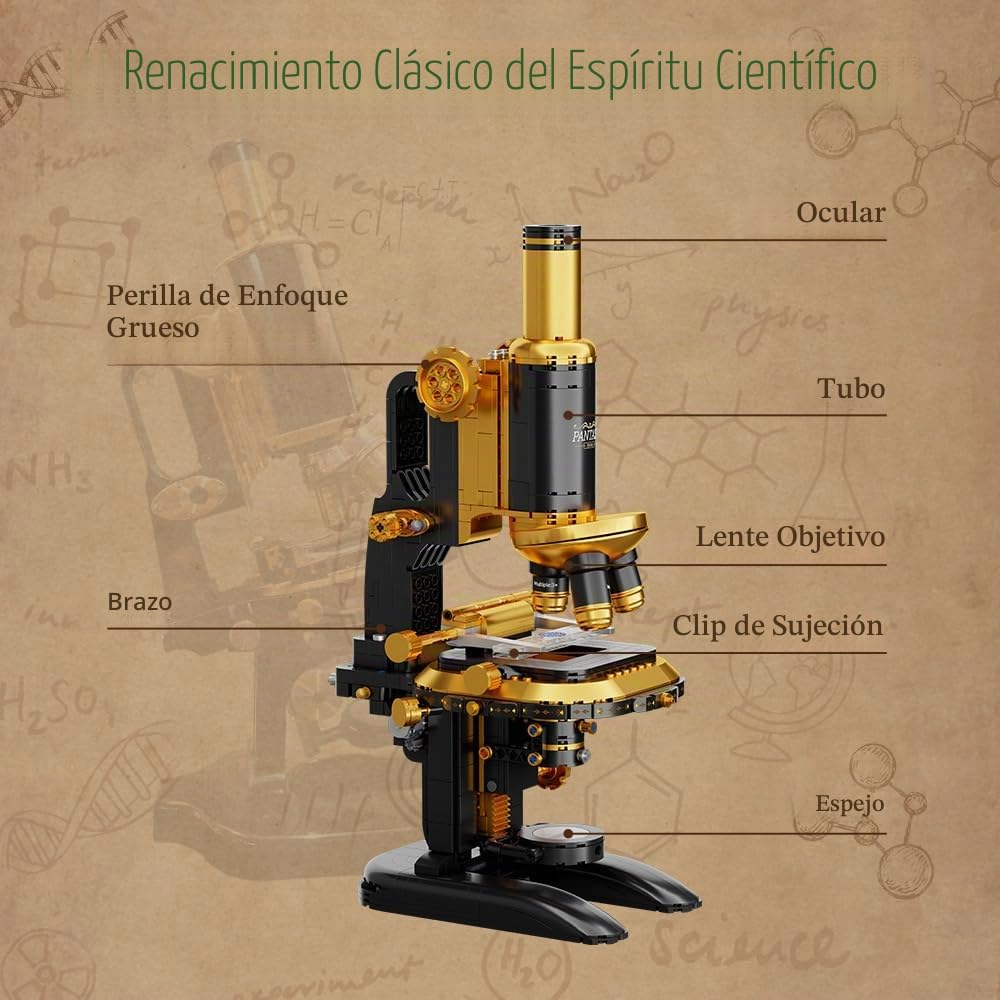 PANTASY - Kit de construcción de microscopio retro para adultos, modelo de instrumento científico antiguo con diseño mecánico, acabado de latón y accesorios de laboratorio, juego de ladrillos de