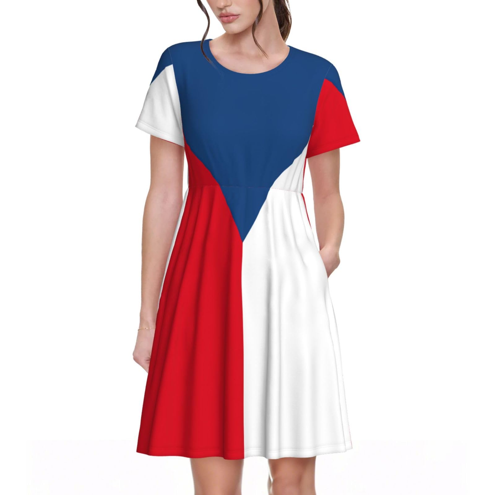 Yyoretp Women's Black Summer Flag Of The Czech Republic Print Casual Short Sleeve Dresses Tshirt Beach Dress Sundress With Pockets