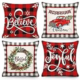 HOLICOLOR Christmas Pillow Covers 18x18 Inch Set of 4 Christmas Decorations Outdoor Farmhouse Throw Pillowcase Red Buffalo Plaid Linen Cushion Case for Home Decor