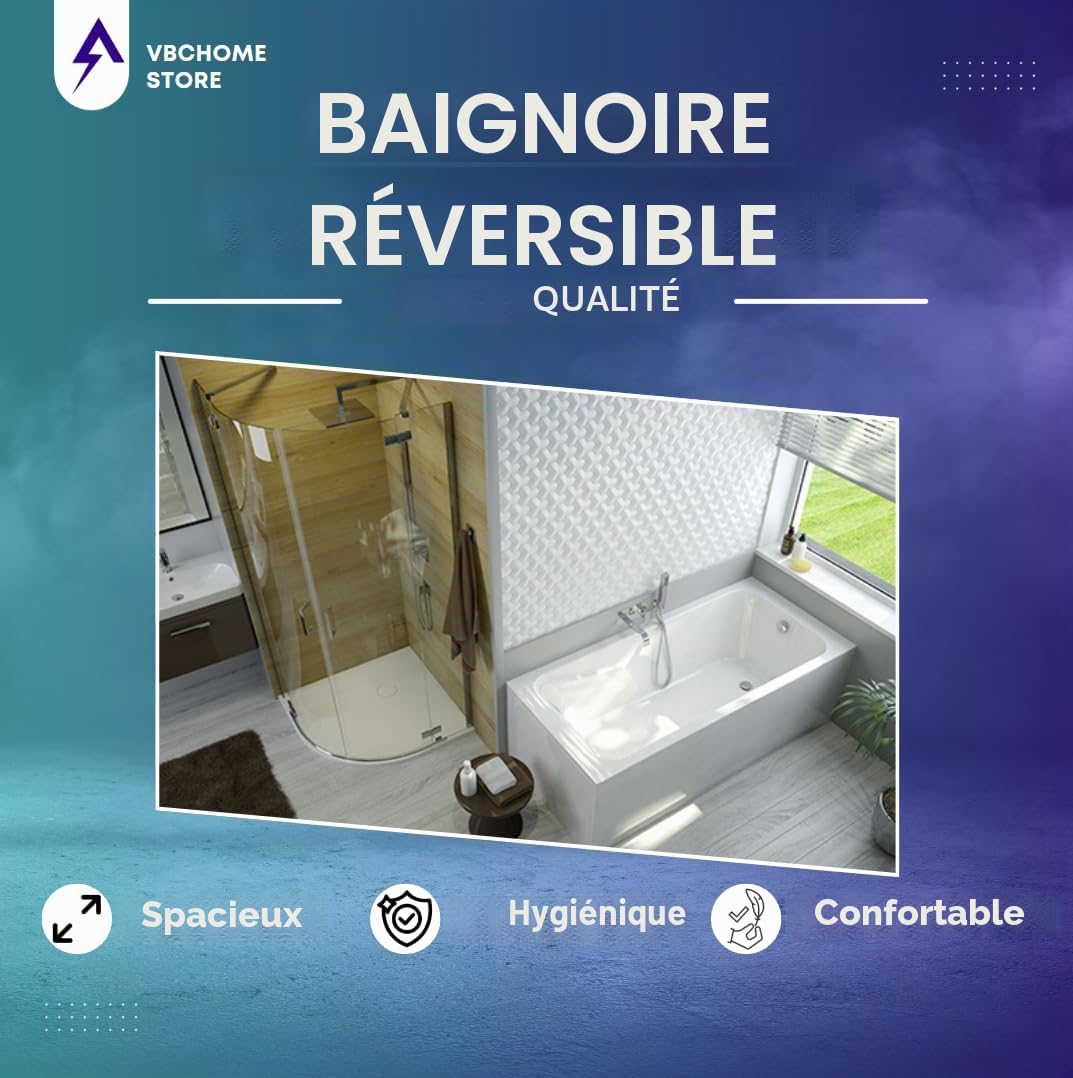 VBChome Baignoire 170 x 80 cm - Blanc - En acrylique - Pieds de baignoire - Siphon - Design moderne - Chromé