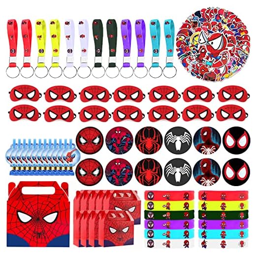 Spiderman Birthday Party Favors Supplies,130 Pcs,Include Button Pins, Key Chain, Bracelet, Spider Masks, Goodie Bags, Blower Whistles, Stickers for Classroom Rewards Hero Carnival Prizes Decorations