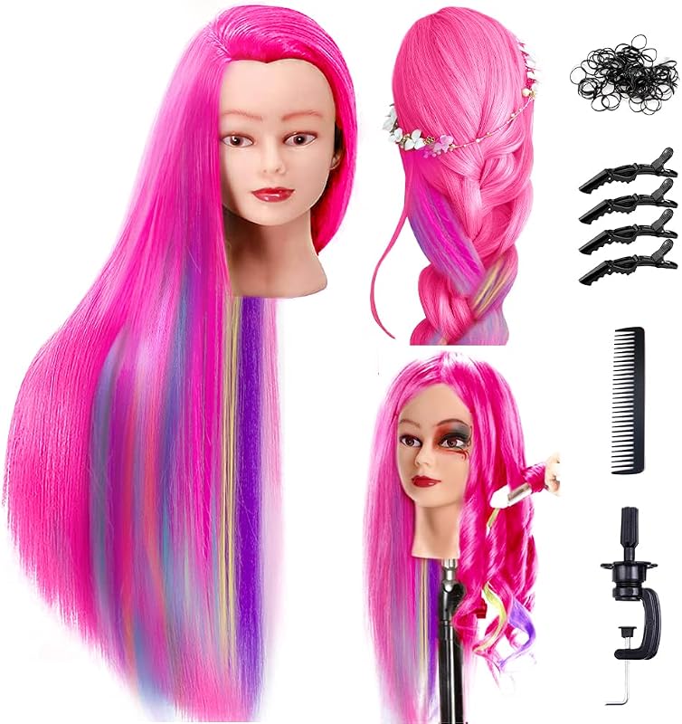 FABA Mannequin Head with Colorful Hair 26"-28" | Practice Braiding, Cosmetology, Make up & Hairdressing Styling, Free Clamp Holder