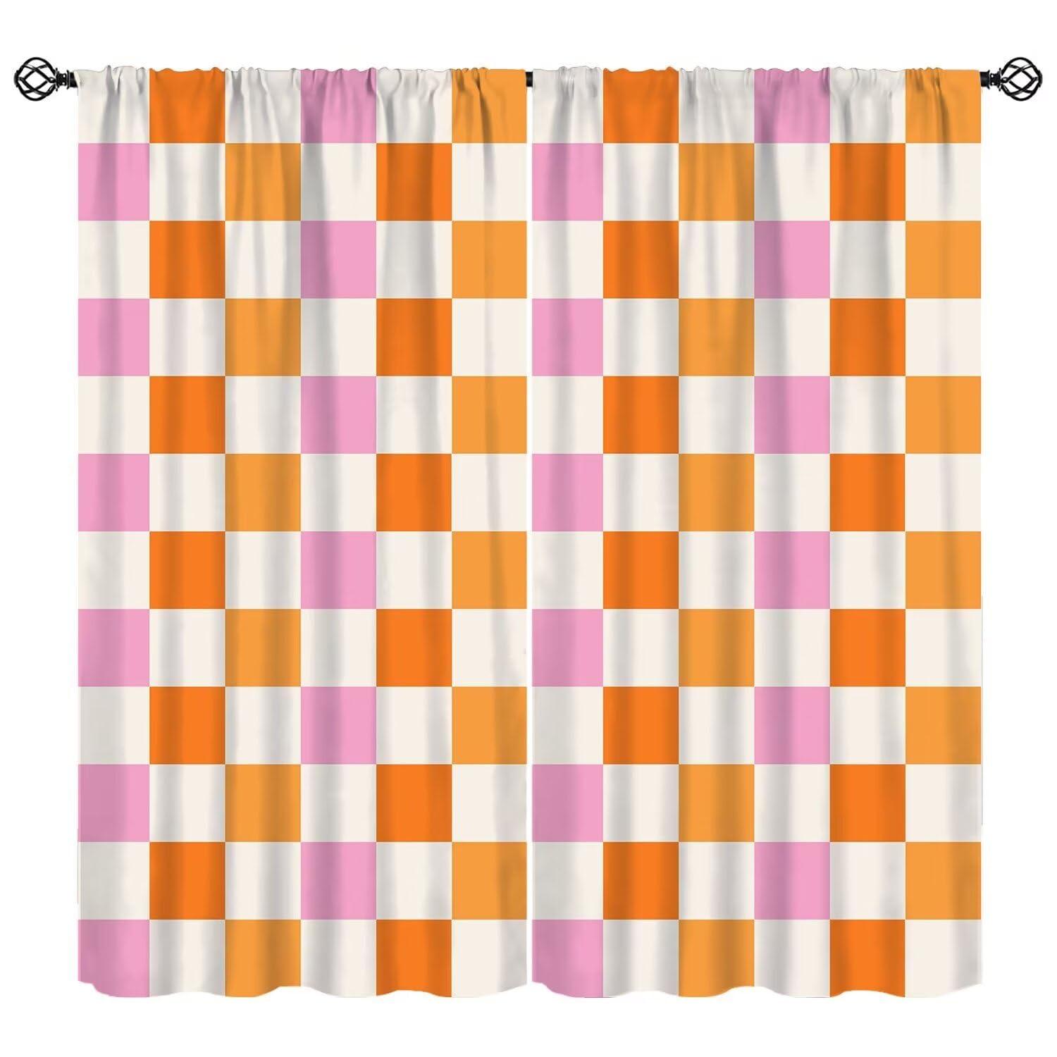 FengMingRui Hippie Retro 70s Curtains Vintage Geometric Square Grid Yellow Orange Pink 1960s Country Farmhouse Window Treatment for Kitchen Kids Girls