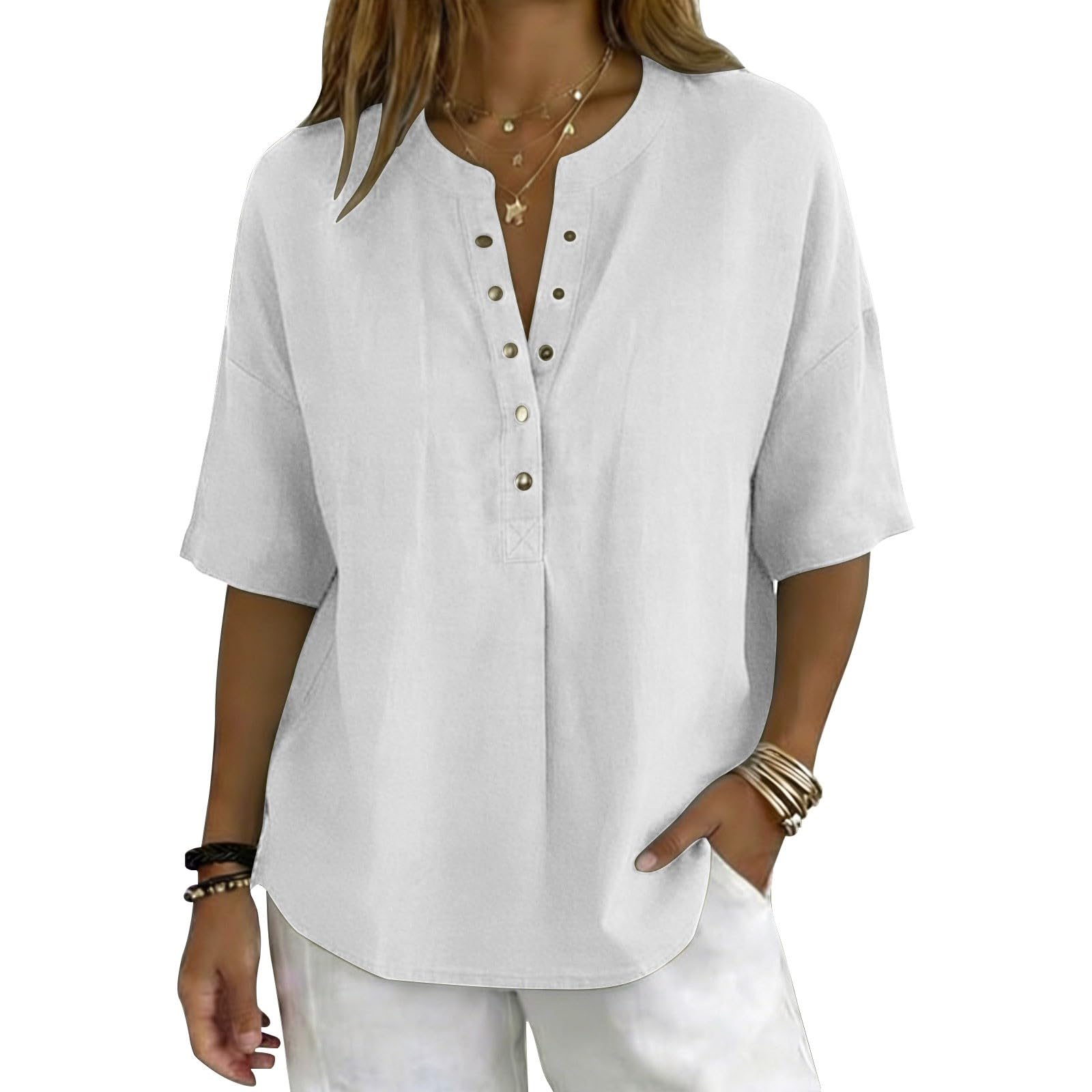 Blusa informal para mujer, mezcla de algodón y lino, manga corta, cuello en V, botones y ajuste holgado, top de verano para mujer