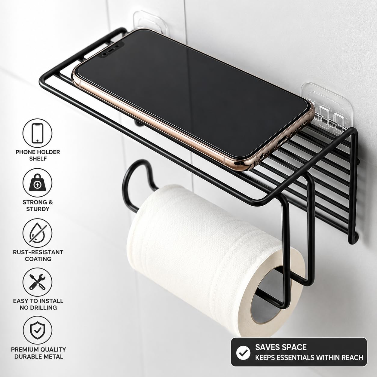 Zollyss 1 Pc Adhesive Toilet Paper Holder with Shelf Tissue Paper Roll Towel Holder Storage Rack - (Standard Size, Black)