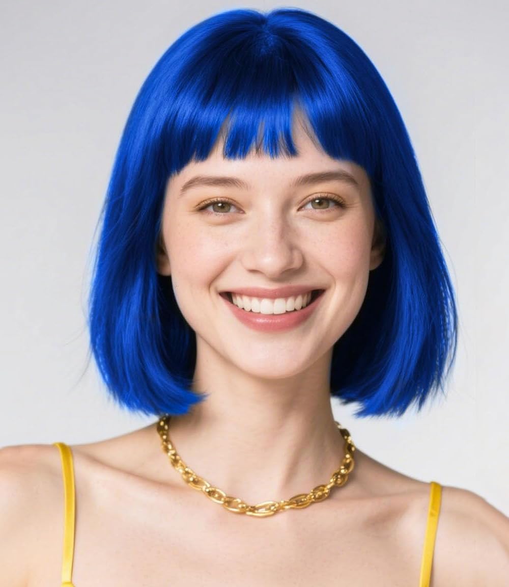 Colorfulpanda Short Blue Bob Wig with Fringe for Women Halloween Costume Cosplay Party or Daily Wear,Natural Looking Silky Straight Synthetic Heat Resistant Hair Wig,Coraline Costume - Image 2