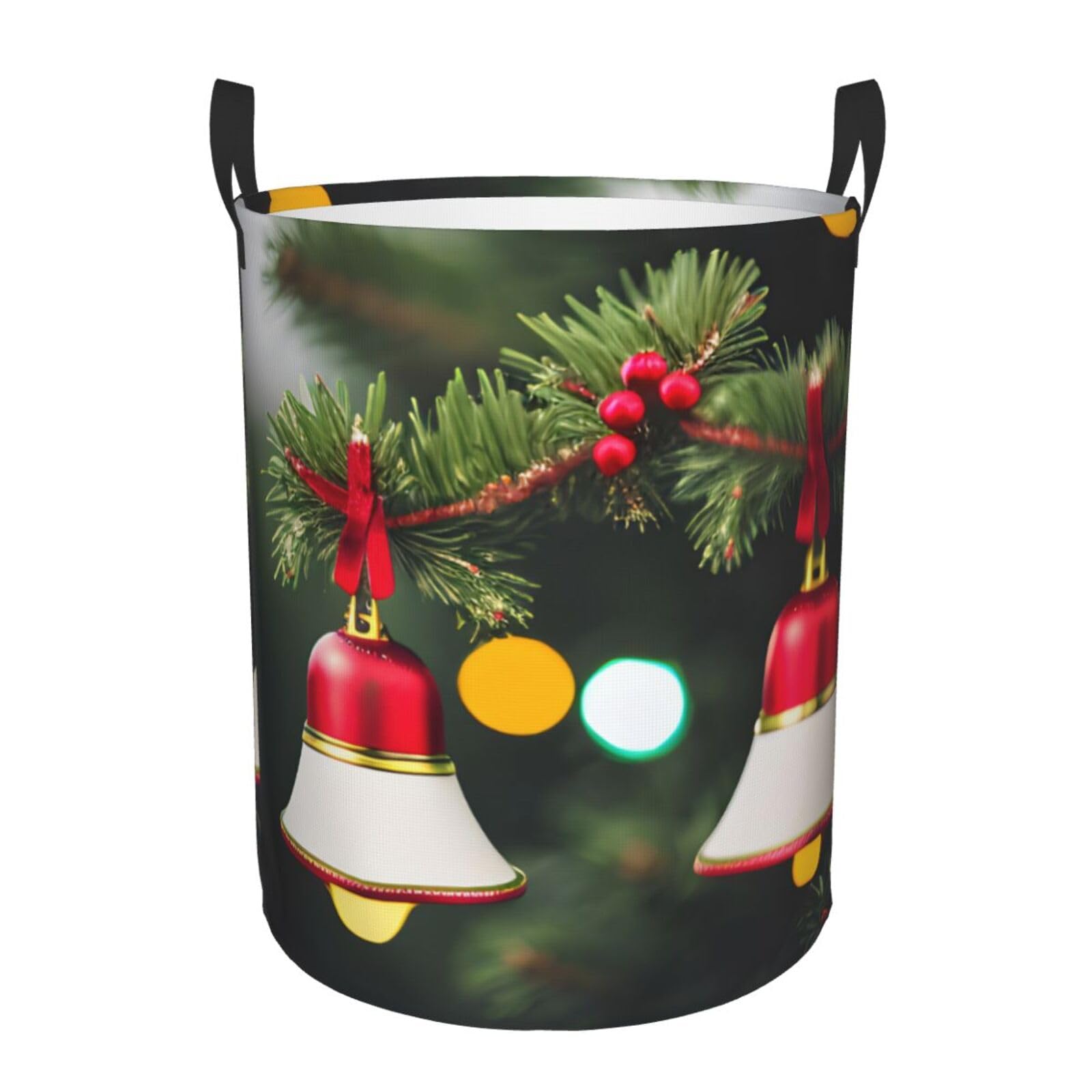 M Collapsible Laundry Hamper Round Christmas Tree and Bell Print Storage