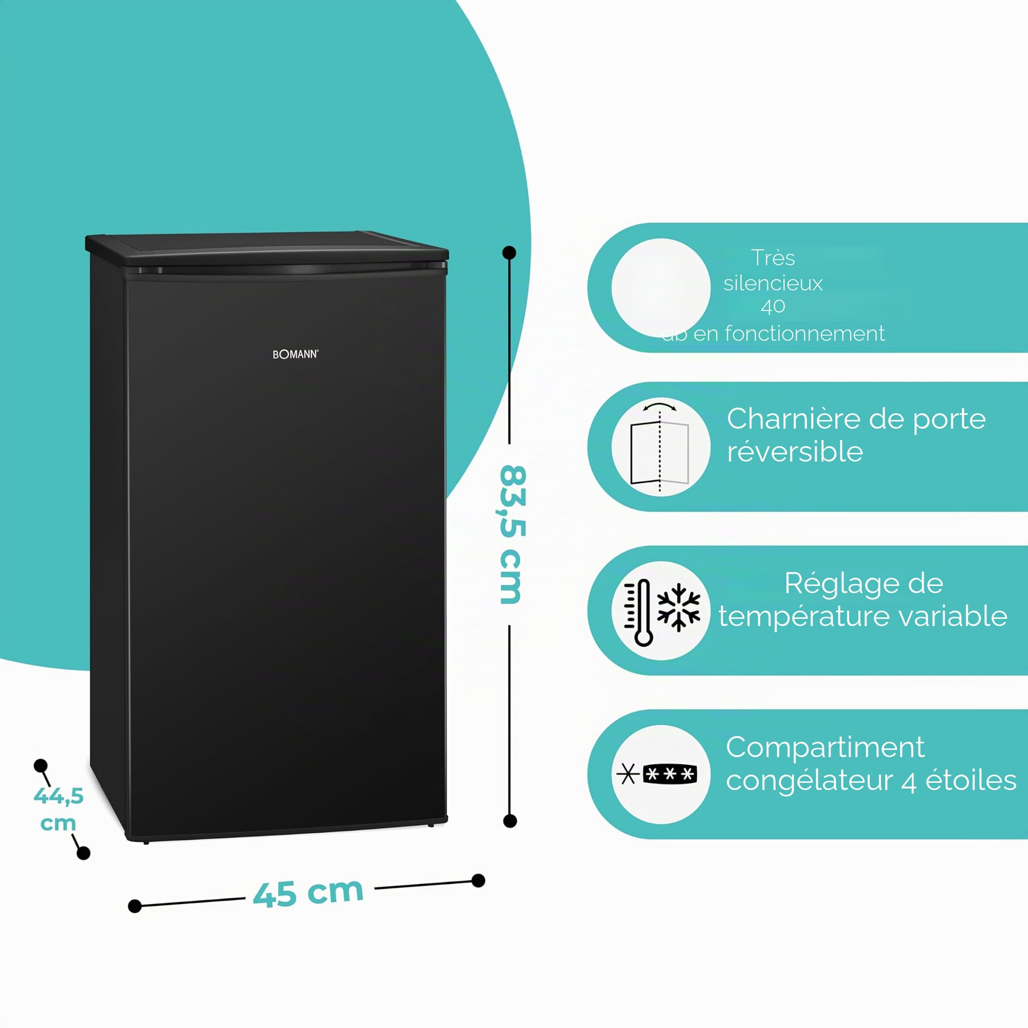 Bomann® Petit congélateur | Congélateur 4 étoiles | Congélateur 3 compartiments | Silencieux | ≤ -18 °C | Butée de porte interchangeable | Mini Freezer 60 L | Petit congélateur | GS 7256 noir