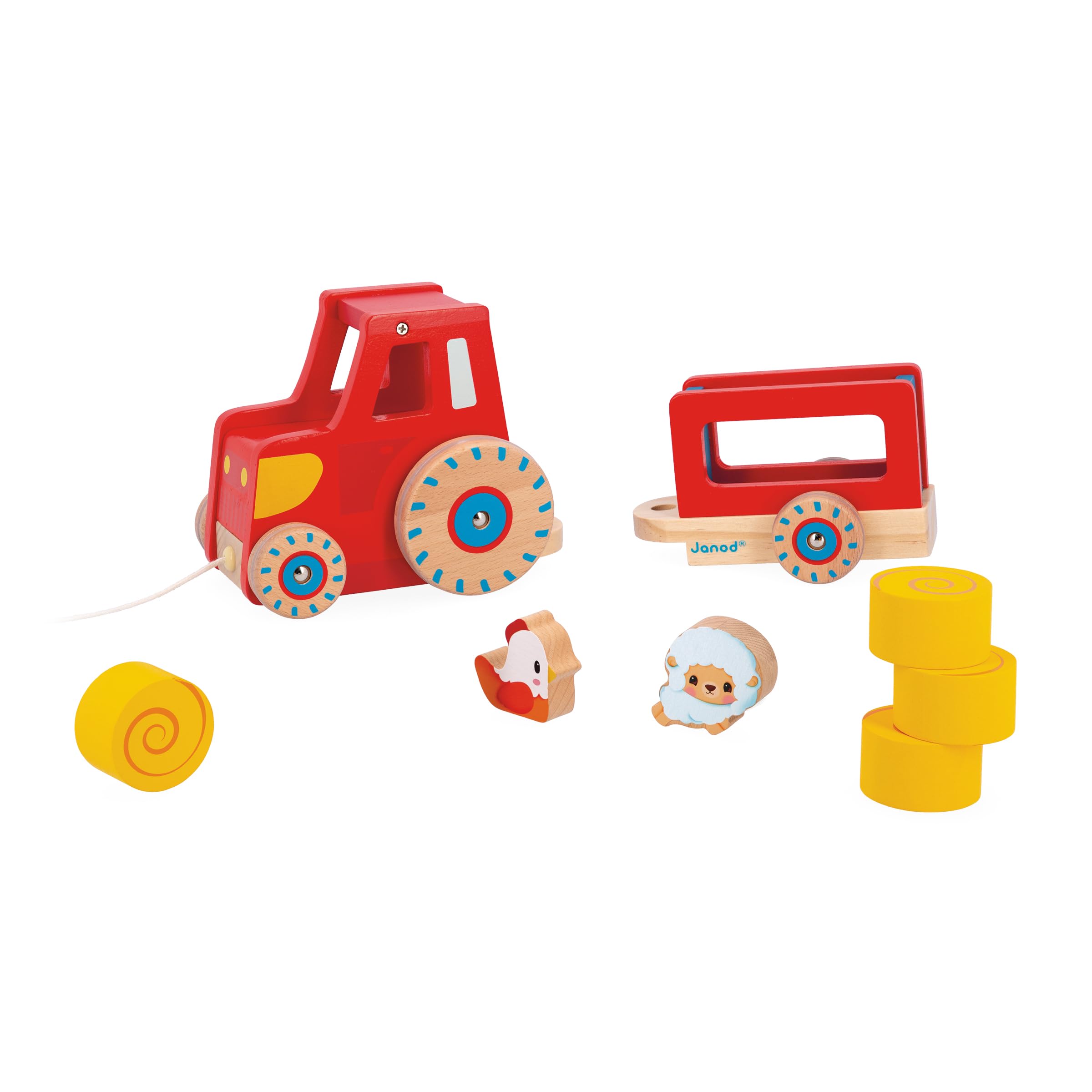 Janod - Trattore da Trainare - Giocattolo Multisensoriale - 1 Trattore per Bambini + 6 Accessori - Ruote silenziose - Sviluppa Le Abilità Motorie - Giocattolo in Legno FSC - dai 12 Mesi, J03317