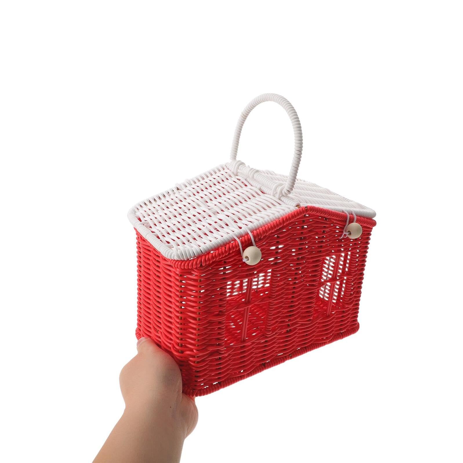 Kleiner Picknickkorb aus Rattanimitat mit Griff Handgeflochtener Retro Korb für Hochzeit Picknick und Gastgeschenke Rot Weiß