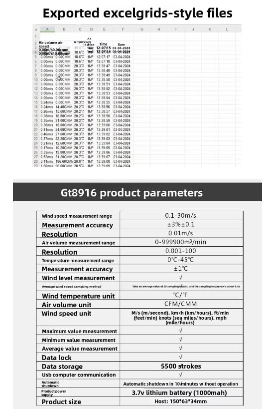 GT8916 High Accuracy Backlight Hot Wind Speed Gauge Wire Anemometer