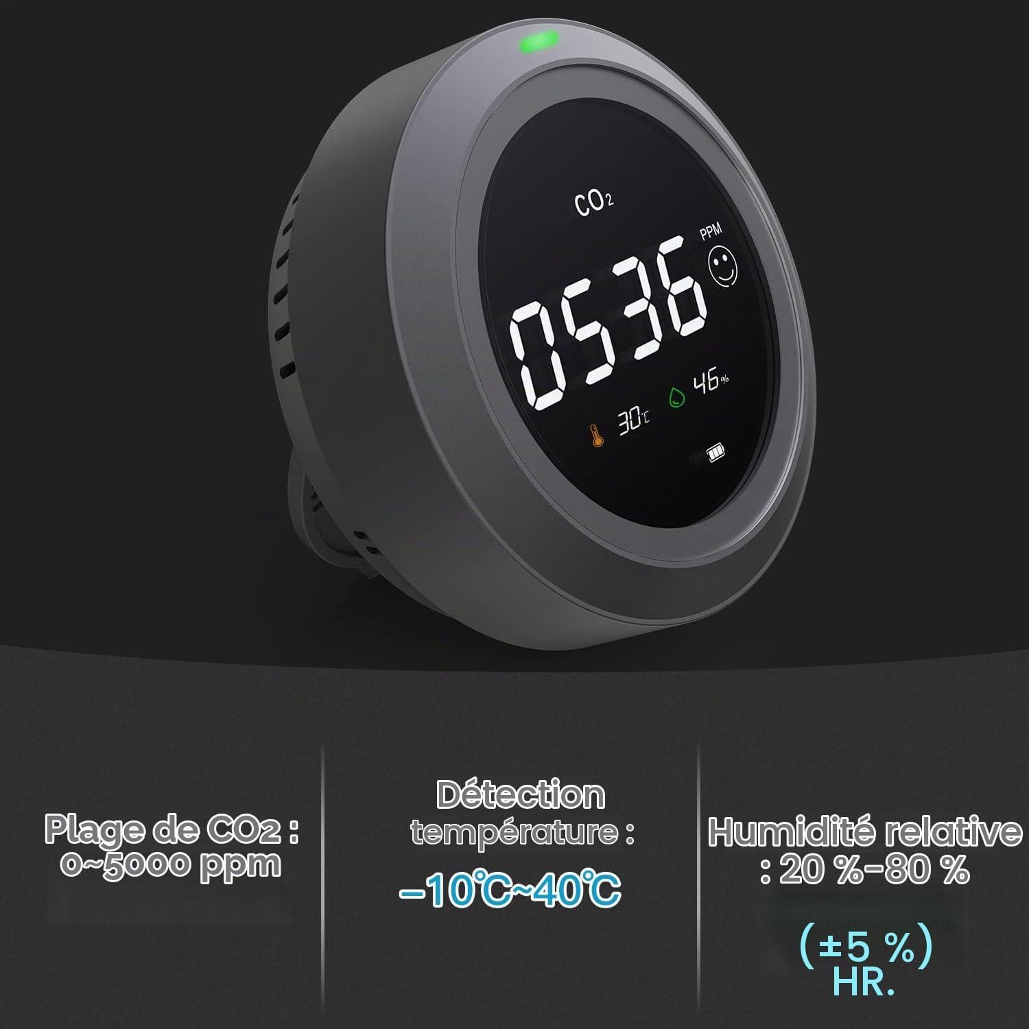 Détecteur CO2, LifeBasis Moniteur de Qualité de l'Air avec Écran LCD, Capteur NDIR, Détecteurs de CO2, Température et Humidité,0-5000 PPM, pour Maison/Bureau/Salle de Sport/Voiture