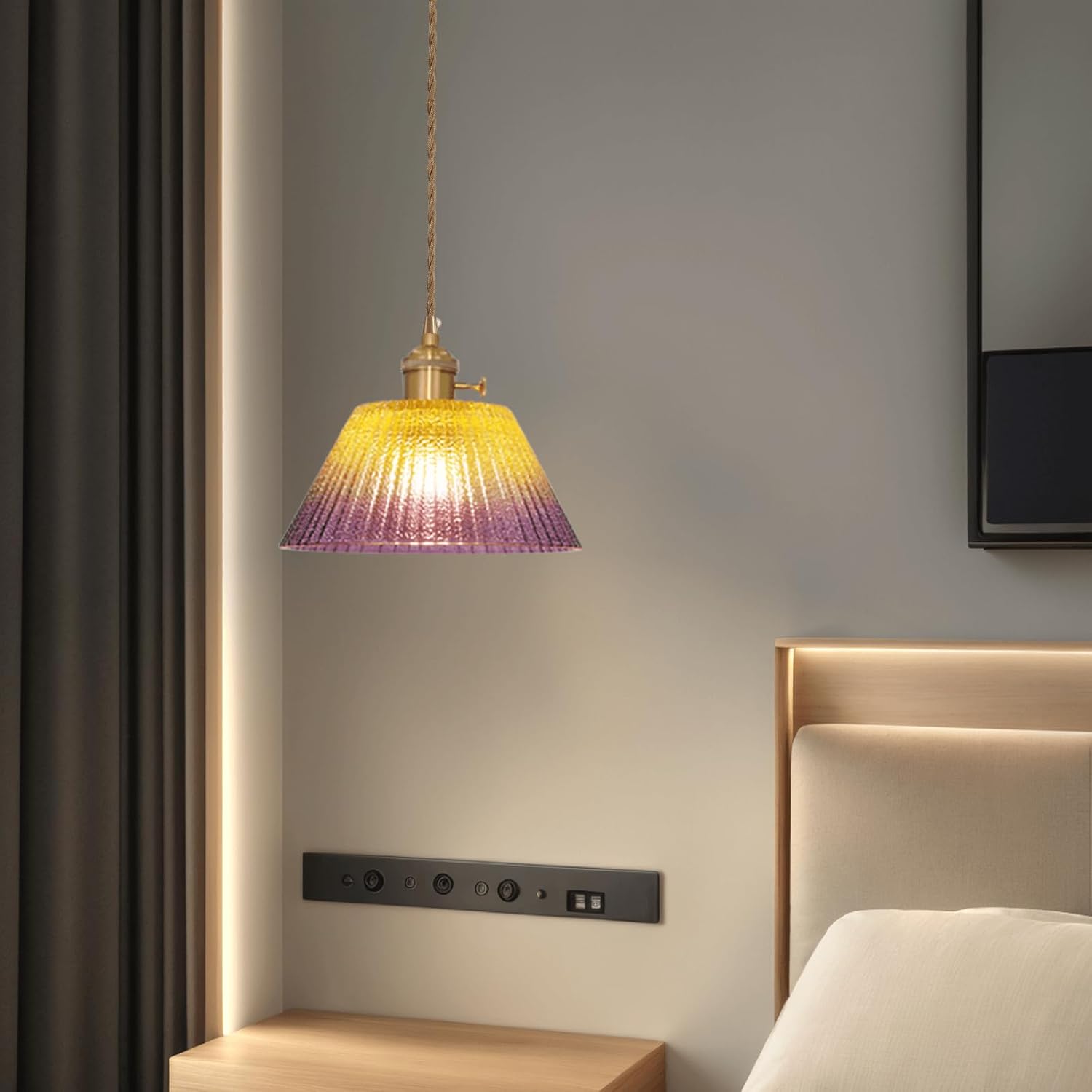 Glass Hanging Lamp Plug in Pendant Light Fixtures, Gold Pink Glass Vintage Pendant Lights Kitchen Island Dining Room Bedroom Living Room, LED Bulb Included