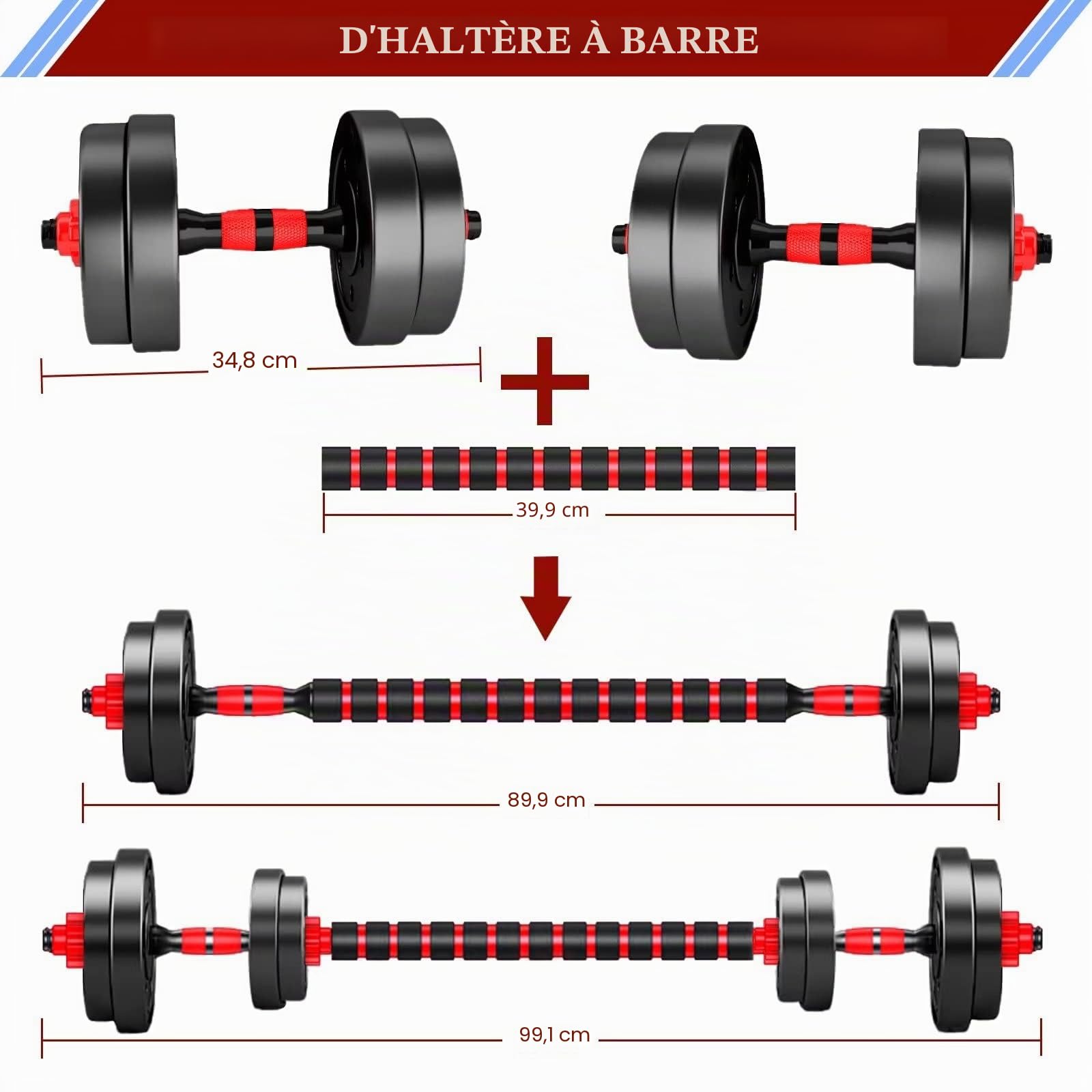 Haltères réglables, bon marché Set,2 en 1 de Dumbbell avec barres raccordées,haltere musculation,revêtement en caoutchouc avec disques, jeu de poids d'entraînement pour équipements de gym à la maison