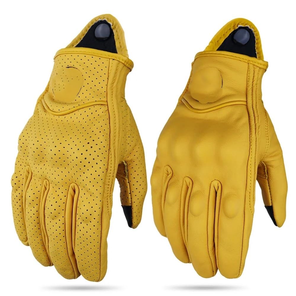 Guanti Moto Vintage Protettivi Touch Screen Perforati - Motocross Estivi Gialli (Yellow Hole, L)