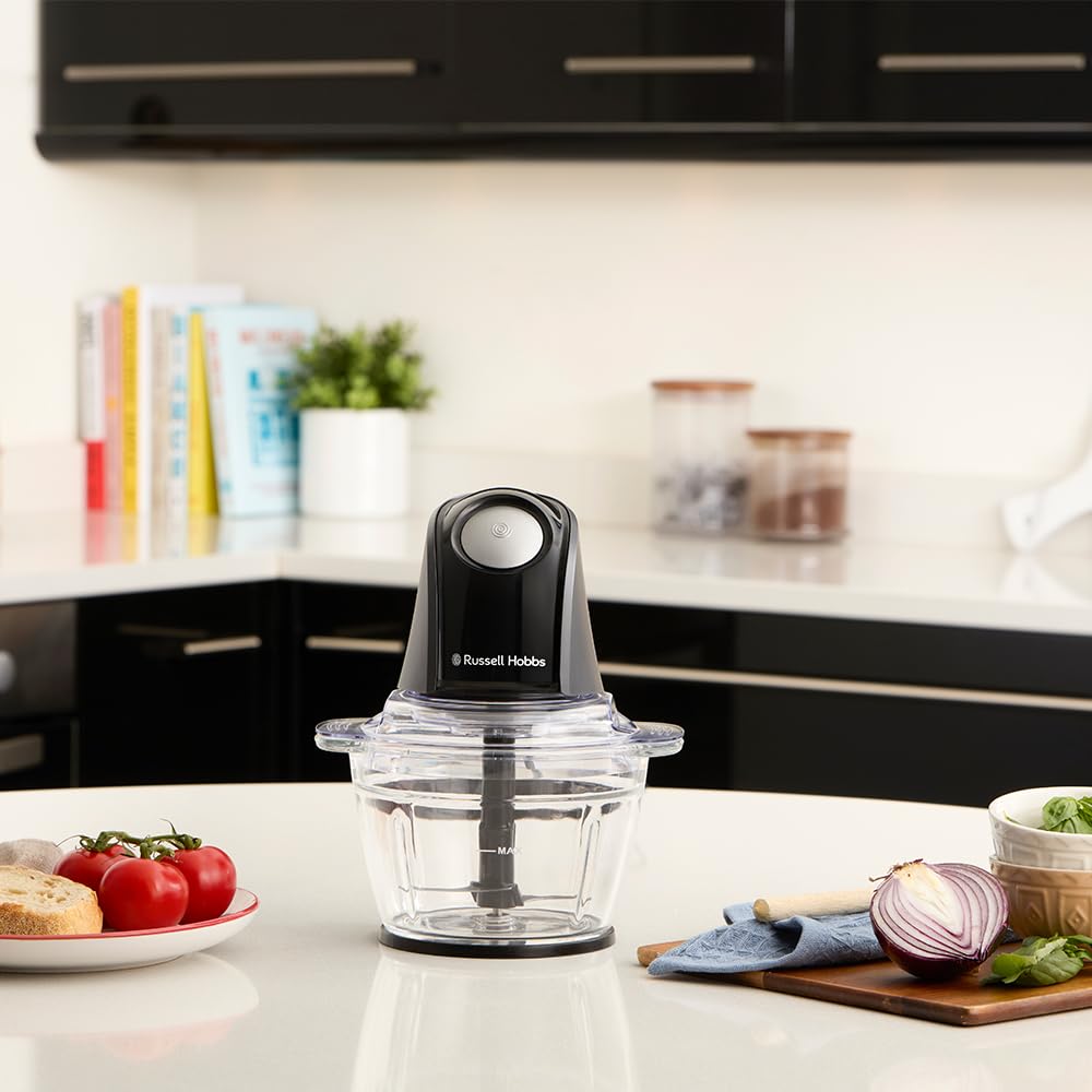 Russell Hobbs Hachoir électrique [polyvalent] blender (pour légumes, fruits, viande, oignons, récipient de 1l, lavable au lave-vaisselle, 2 vitesses, lames en acier inox, 350W) Anthracite 27131-56