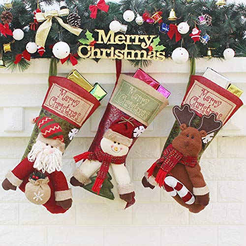 Calcetines de Navidad 3 Piezas, 46 x23cm Medias de Navidad Bolsa de Regalo Grand, Tema 3D Papá Noel, Muñeco de Nieve, Reno con Bordados Merry Christmas, Decoración Navidad para Árbol, Chimenea