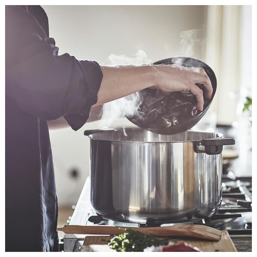 Image of MIDDAGSMAT Stainless Steel Pot with Glass Lid, 10 L, Induction Compatible, Dishwasher-Safe, Steam Vent, Stackable Design, Fast Heating Base