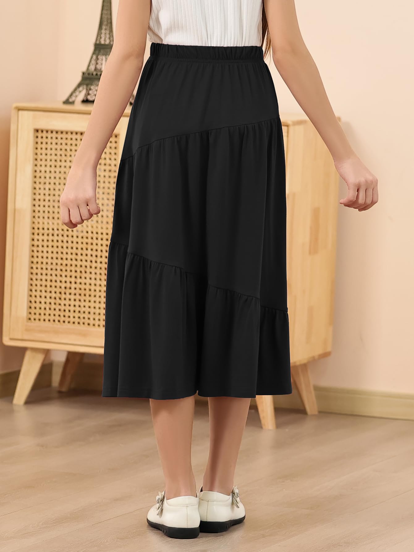 GORLYA Girls Holiday Casual Asymmetrical Tiered Ruffle Hem Long Swing Boho Fancy Maxi Skirt 6-14Y(GOR1231,10Y,Black)