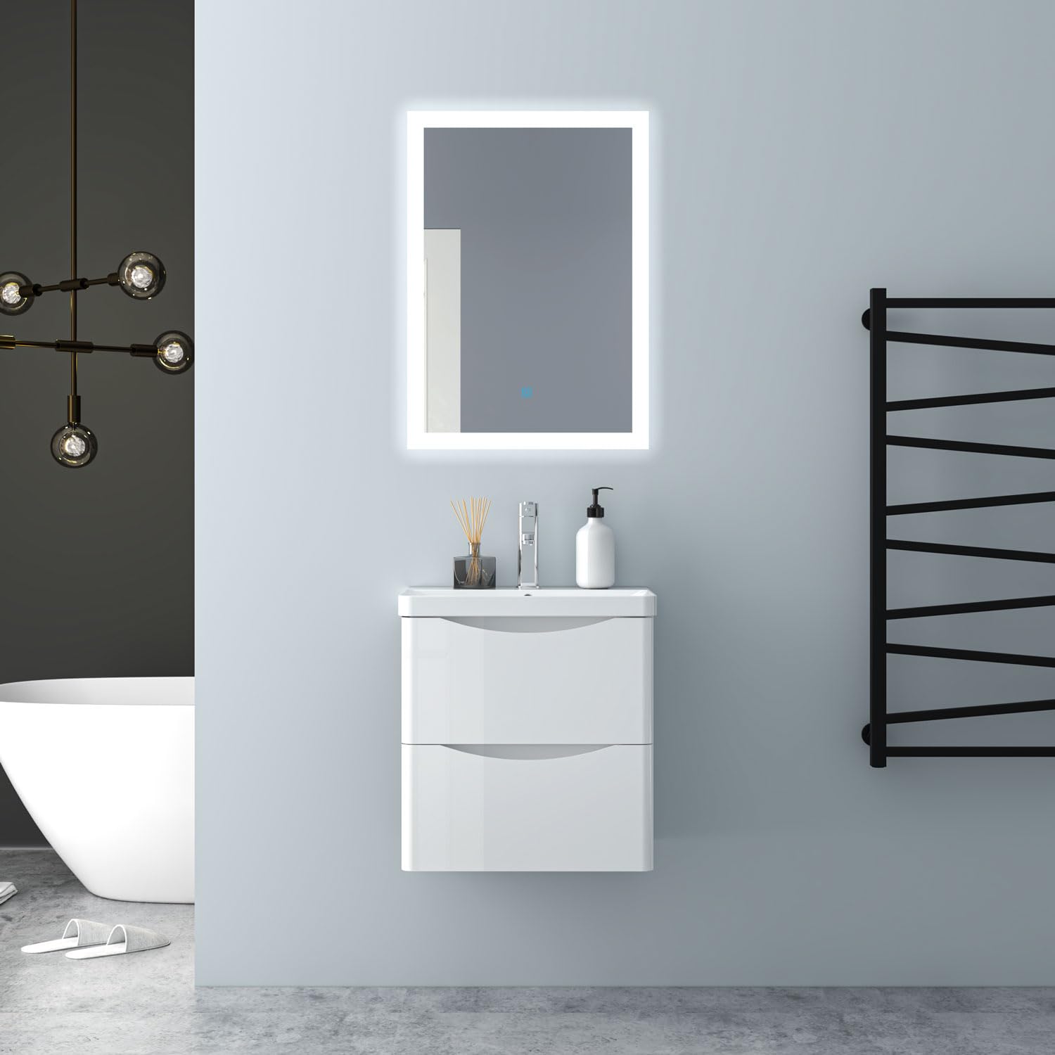 Hochglanz Weiß Badezimmerschrank 50cm Mineralgusswaschbecken mit Unterschrank Badmöbel-Set 2 Soft-Close Schubladen Hängend