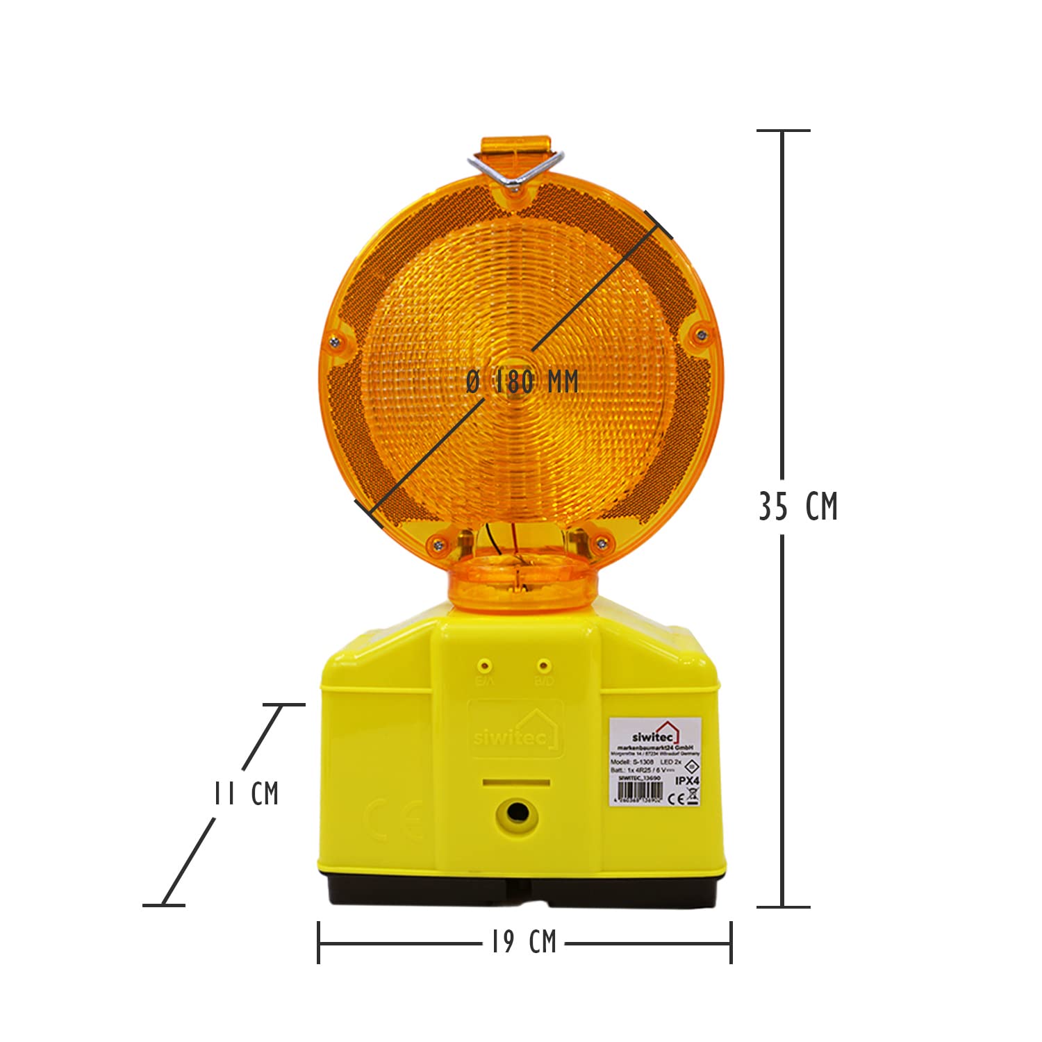 2 x siwitec LED Baustellenleuchte gelb inkl. 4 x Blockbatterien Typ 4R256V 7Ah, LED Warnleuchte für Baustellen im Straßenbau mit Lampenschlüssel, Baustellenabsicherung