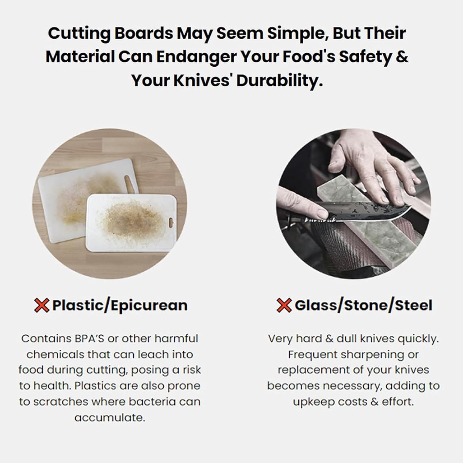 A knife on the cutting board with a magnified inset showing the knife blade and board surface, indicating it is knife-friendly and will not scratch.