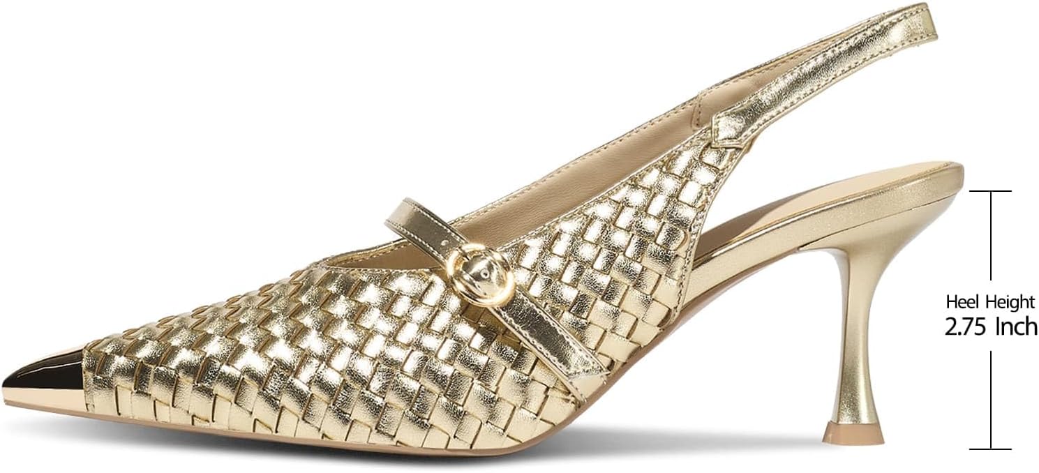 Slingback Heels for Women Woven Pumps Stiletto High Heels Closed Pointed Toe Buckle Strap Elegant Dressy Bridal Wedding Party Shoes - Image 4
